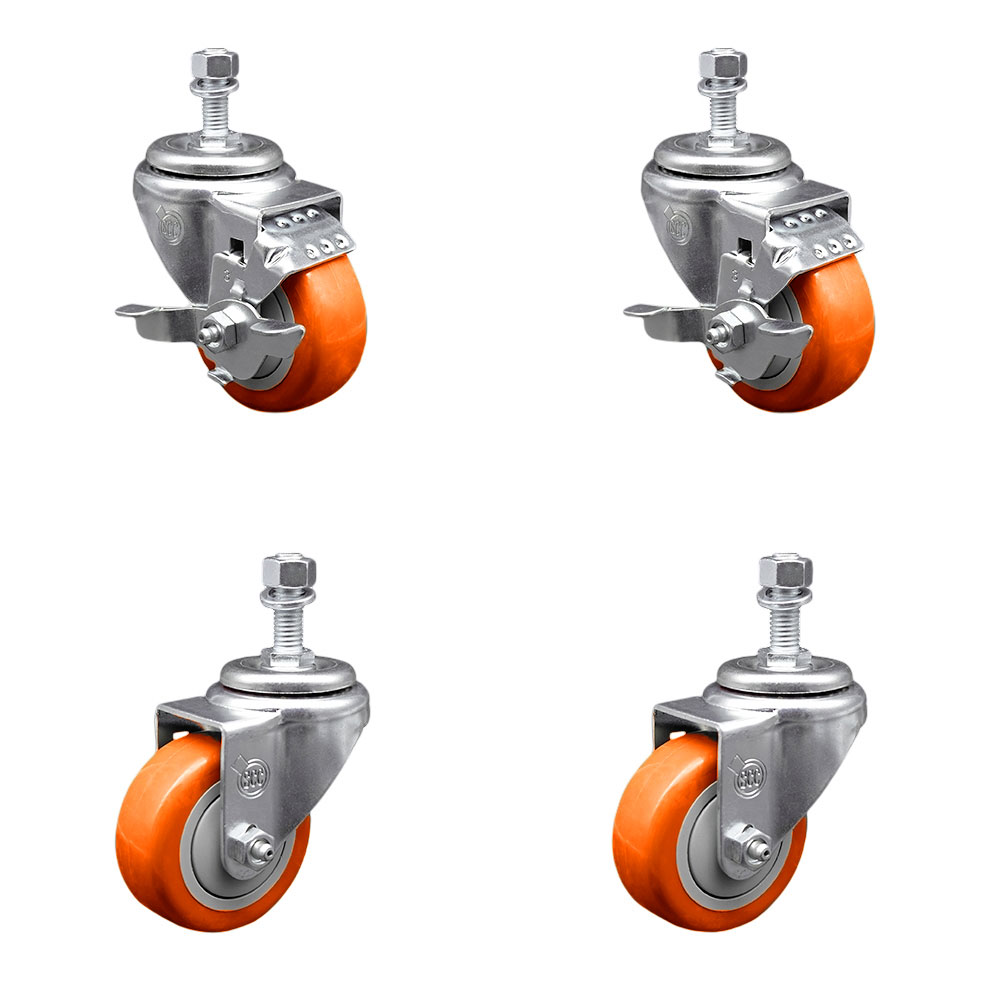 Polyurethane Swivel Threaded Stem Caster Set of 4 w/3" x 1.25" Orange Wheels and 12mm Stems - Includes 2 with Top Locking Brake - 1200 lbs Total Capacity - Service Caster Brand — photo 1