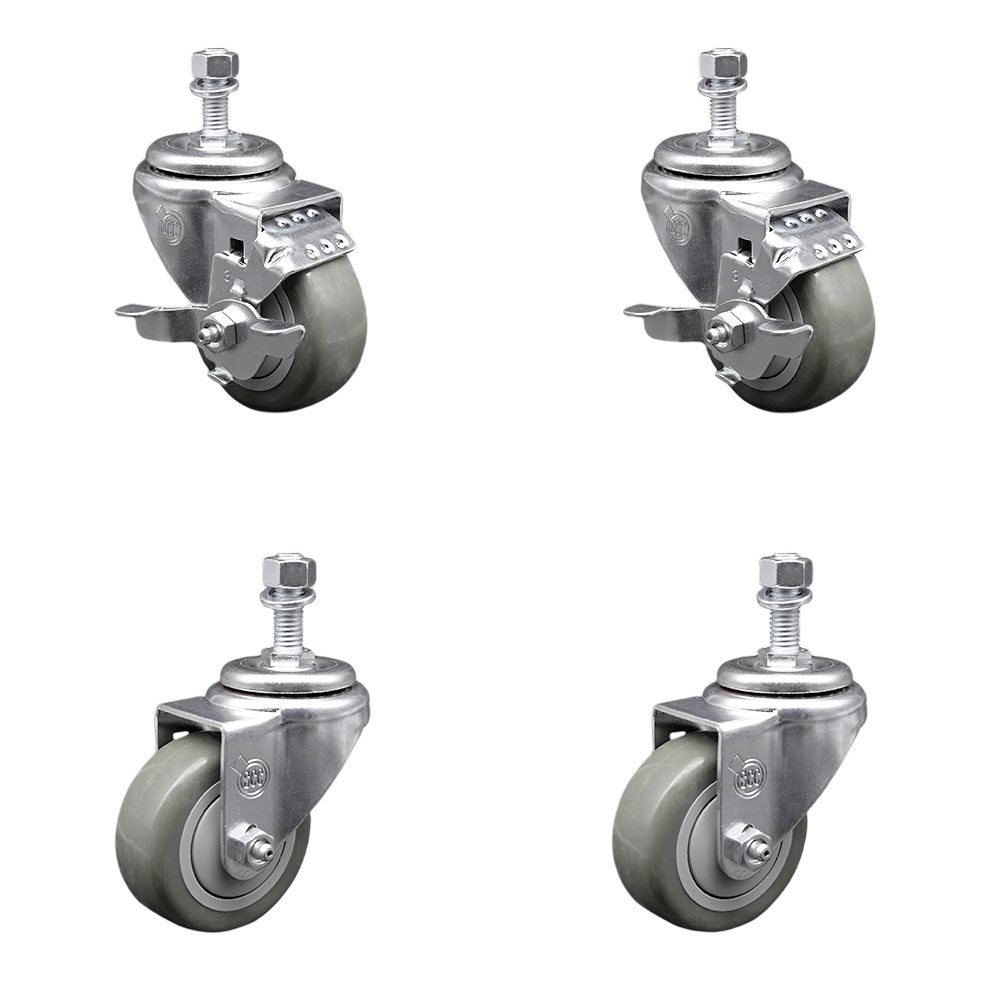 Polyurethane Swivel Threaded Stem Caster Set of 4 w/3" x 1.25" Gray Wheels and 12mm Stems - Includes 2 with Top Locking Brake - 1200 lbs Total Capacity - Service Caster Brand — photo 1