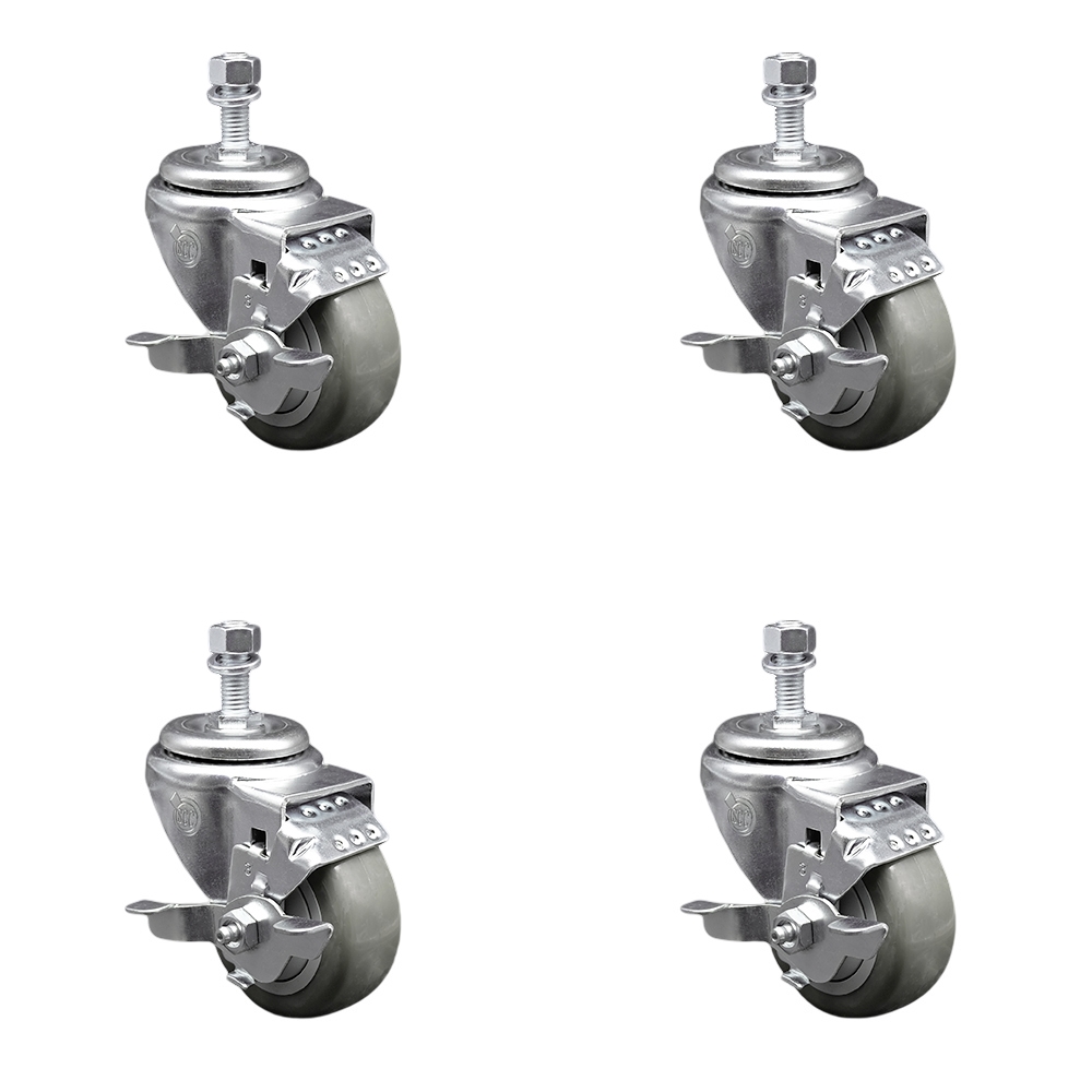 Polyurethane Swivel Threaded Stem Caster Set of 4 w/3" x 1.25" Gray Wheels and 12mm Stems - Includes 4 with Top Lock Brakes - 1200 lbs Total Capacity - Service Caster Brand — photo 1