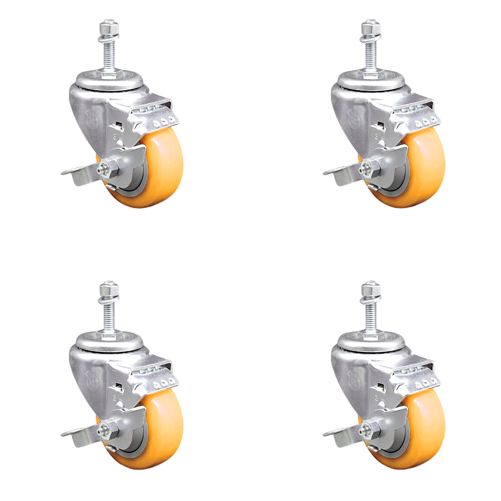 Polyurethane Swivel Threaded Stem Caster Set of 4 w/3" x 1.25" Yellow Wheels and 10mm Stems - Includes 4 with Top Lock Brakes - 1200 lbs Total Capacity - Service Caster Brand — photo 1