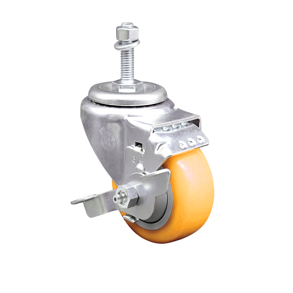 Polyurethane Swivel Threaded Stem Caster w/3" x 1.25" Yellow Wheel and 10mm Stem & Top Locking Brake - 300 lbs Capacity/Caster - Service Caster Brand — photo 1