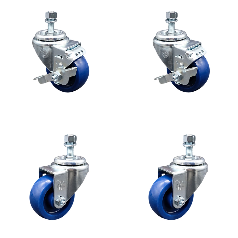 Solid Polyurethane Swivel Threaded Stem Caster Set of 4 w/3" x 1.25" Blue Wheels and 1/2" Stems - Includes 2 with Top Locking Brake - 1200 lbs Total Capacity - Service Caster Brand — photo 1