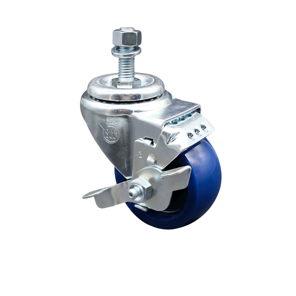 3" Swivel Caster with 1/2" Threaded Stem, Blue Solid Polyurethane Wheel and Brake -300 lbs. Capacity - Service Caster Brand — photo 1