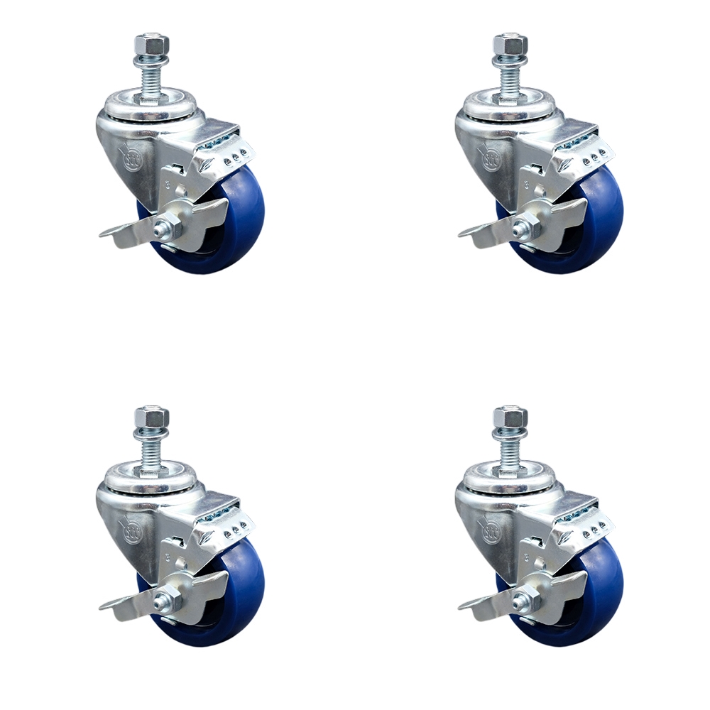 Solid Polyurethane Swivel Threaded Stem Caster Set of 4 w/3" x 1.25" Blue Wheels and 3/8" Stems - Includes 4 with Top Lock Brakes - 1200 lbs Total Capacity - Service Caster Brand — photo 1