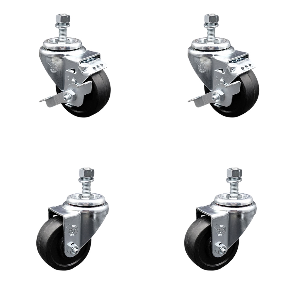 Soft Rubber Swivel Threaded Stem Caster Set of 4 w/3" x 1.25" Black Wheels and 1/2" Stems - Includes 2 with Top Locking Brake - 700 lbs Total Capacity - Service Caster Brand — photo 1