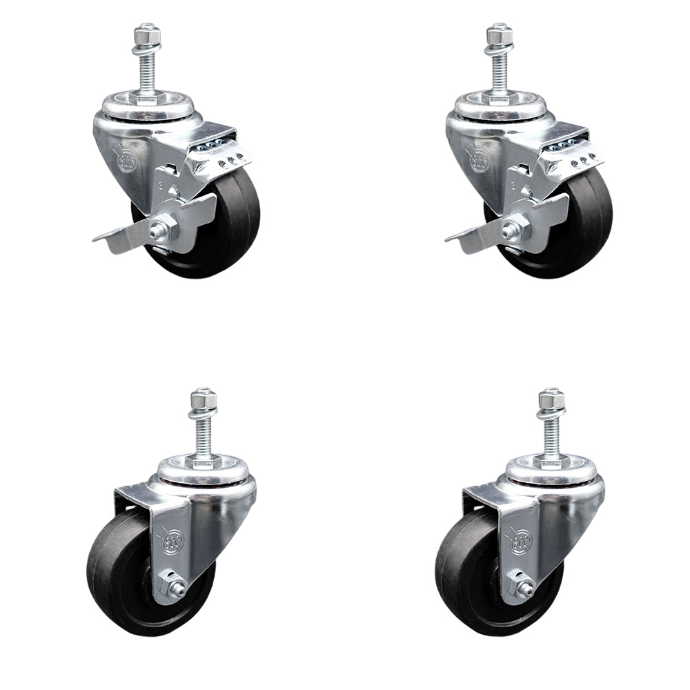 Soft Rubber Swivel Threaded Stem Caster Set of 4 w/3" x 1.25" Black Wheels and 3/8" Stems - Includes 2 with Top Locking Brake - 700 lbs Total Capacity - Service Caster Brand — photo 1