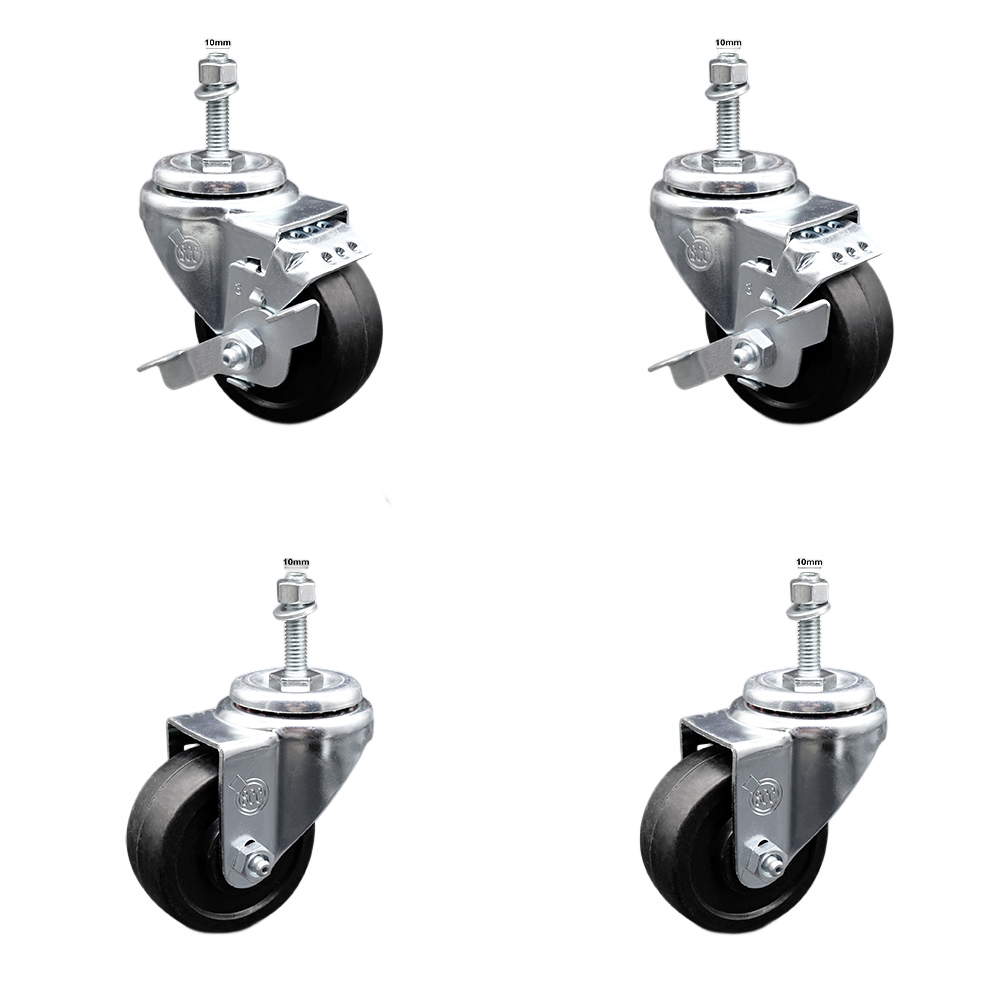 Soft Rubber Swivel Threaded Stem Caster Set of 4 w/3" x 1.25" Black Wheels and 10MM Metric Stems - Includes 2 with Top Locking Brake - 700 lbs Total Capacity - Service Caster Brand — photo 1