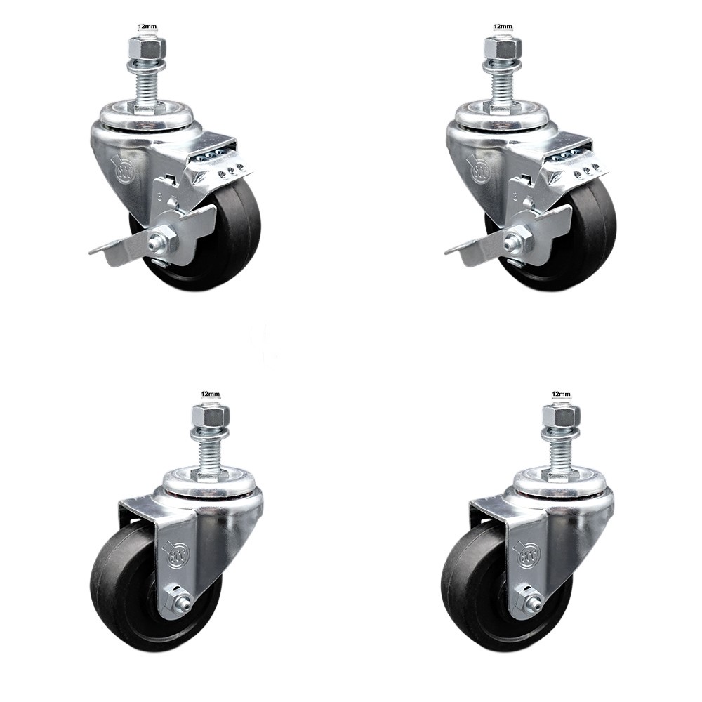 Soft Rubber Swivel Threaded Stem Caster Set of 4 w/3" x 1.25" Black Wheels and 12MM Metric Stems - Includes 2 with Top Locking Brake - 700 lbs Total Capacity - Service Caster Brand — photo 1