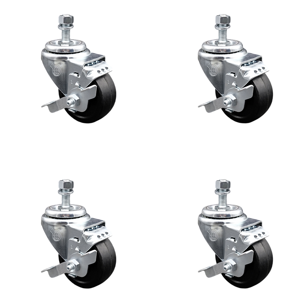 Soft Rubber Swivel Threaded Stem Caster Set of 4 w/3" x 1.25" Black Wheels and 3/8" Stems - Includes 4 with Top Lock Brakes - 700 lbs Total Capacity - Service Caster Brand — photo 1