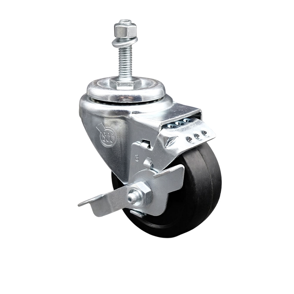 3" Swivel Caster with 3/8" Threaded Stem, Soft Rubber Wheel and Brake - 175 lbs. Capacity - Service Caster Brand — photo 1