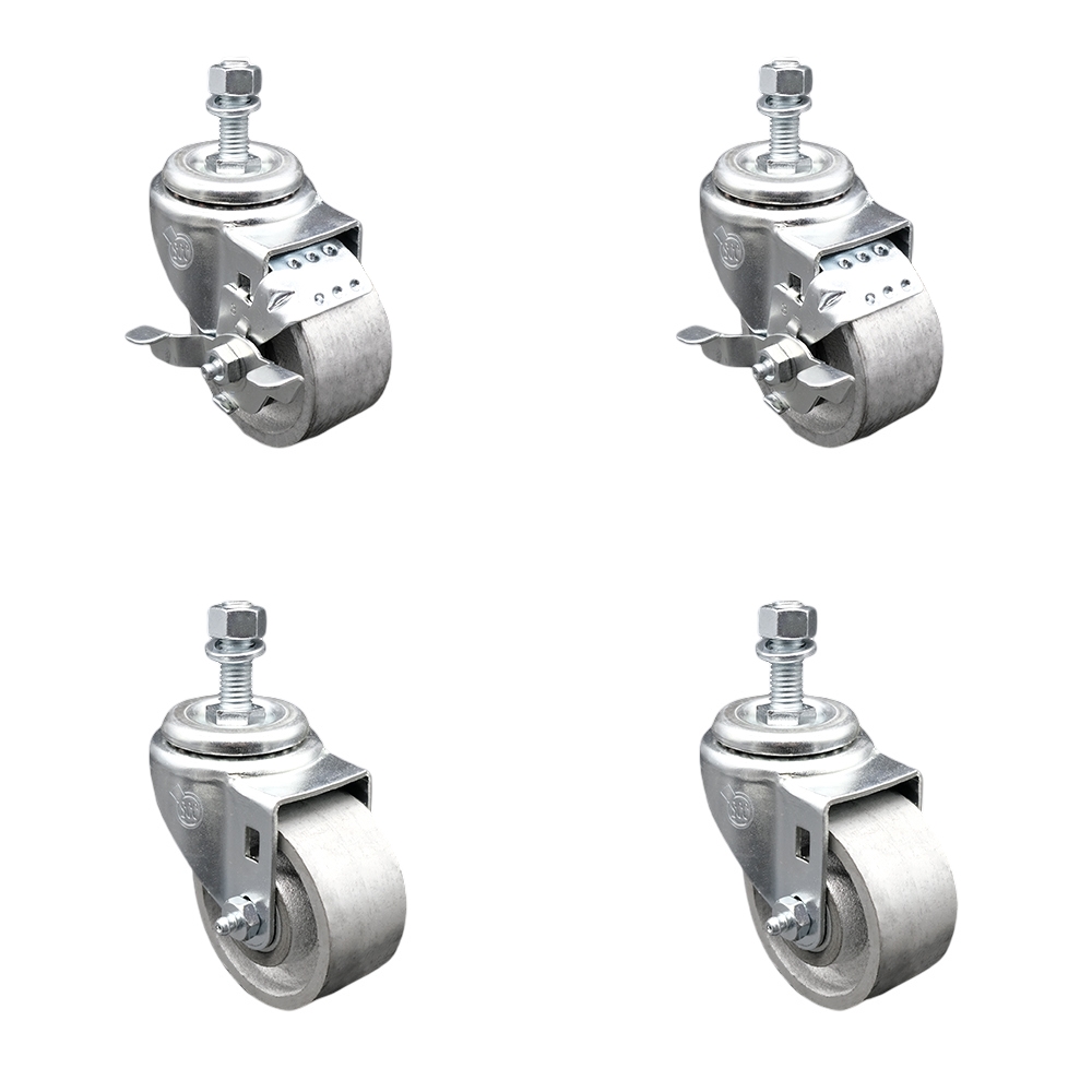Semi Steel Cast Iron Swivel Threaded Stem Caster Set of 4 - 3" x 1.25" Silver Wheels and 1/2" Stems - Includes 2 with Top Locking Brake - 1200 lbs Total Capacity - Service Caster Brand — photo 1
