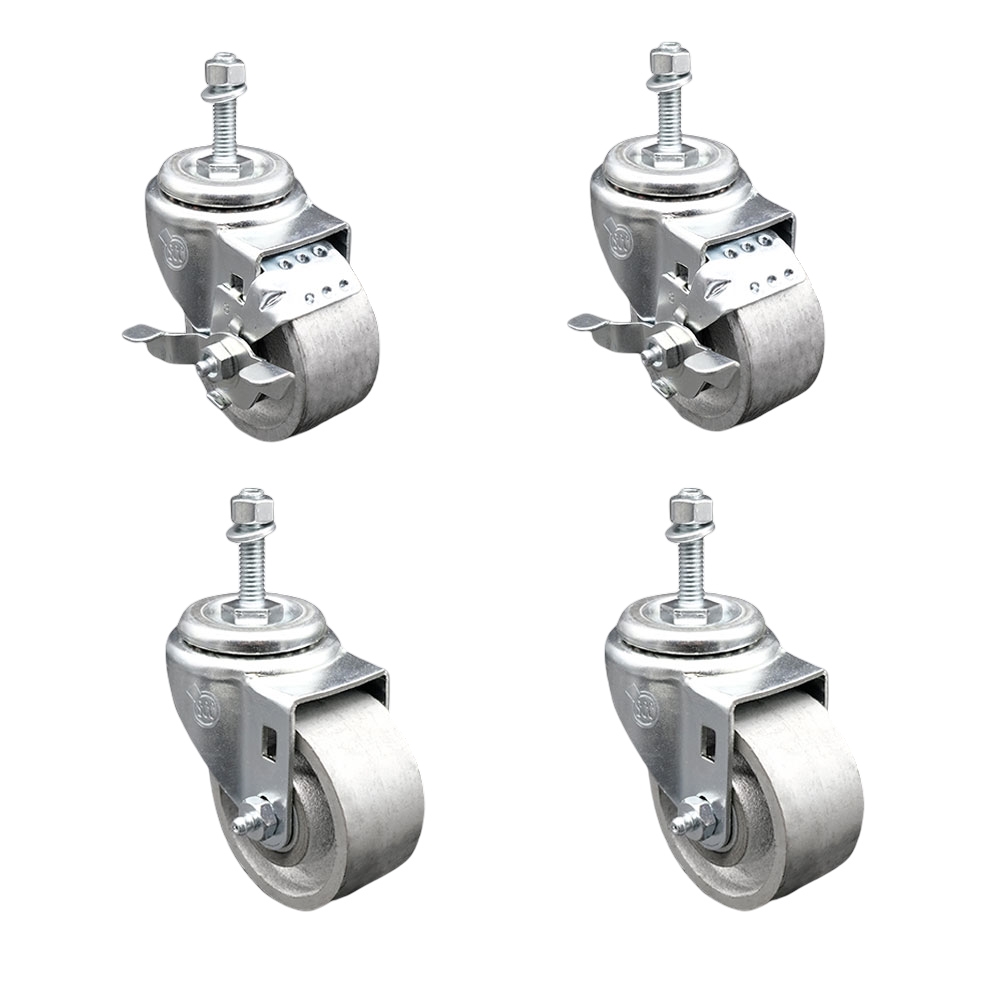 Semi Steel Cast Iron Swivel Threaded Stem Caster Set of 4 - 3" x 1.25" Silver Wheels and 10MM Metric Stems - Includes 2 with Top Locking Brake - 1200 lbs Total Capacity - Service Caster Brand — photo 1