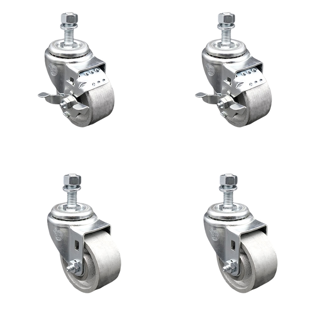 Semi Steel Cast Iron Swivel Threaded Stem Caster Set of 4 - 3" x 1.25" Silver Wheels and 12MM Metric Stems - Includes 2 with Top Locking Brake - 1200 lbs Total Capacity - Service Caster Brand — photo 1