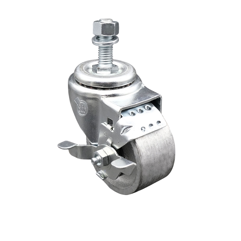 Semi Steel Cast Iron Swivel Threaded Stem Caster - 3" x 1.25" Silver Wheel and 12MM Metric Stem & Top Locking Brake - 300 lbs Capacity/Caster - Service Caster Brand — photo 1