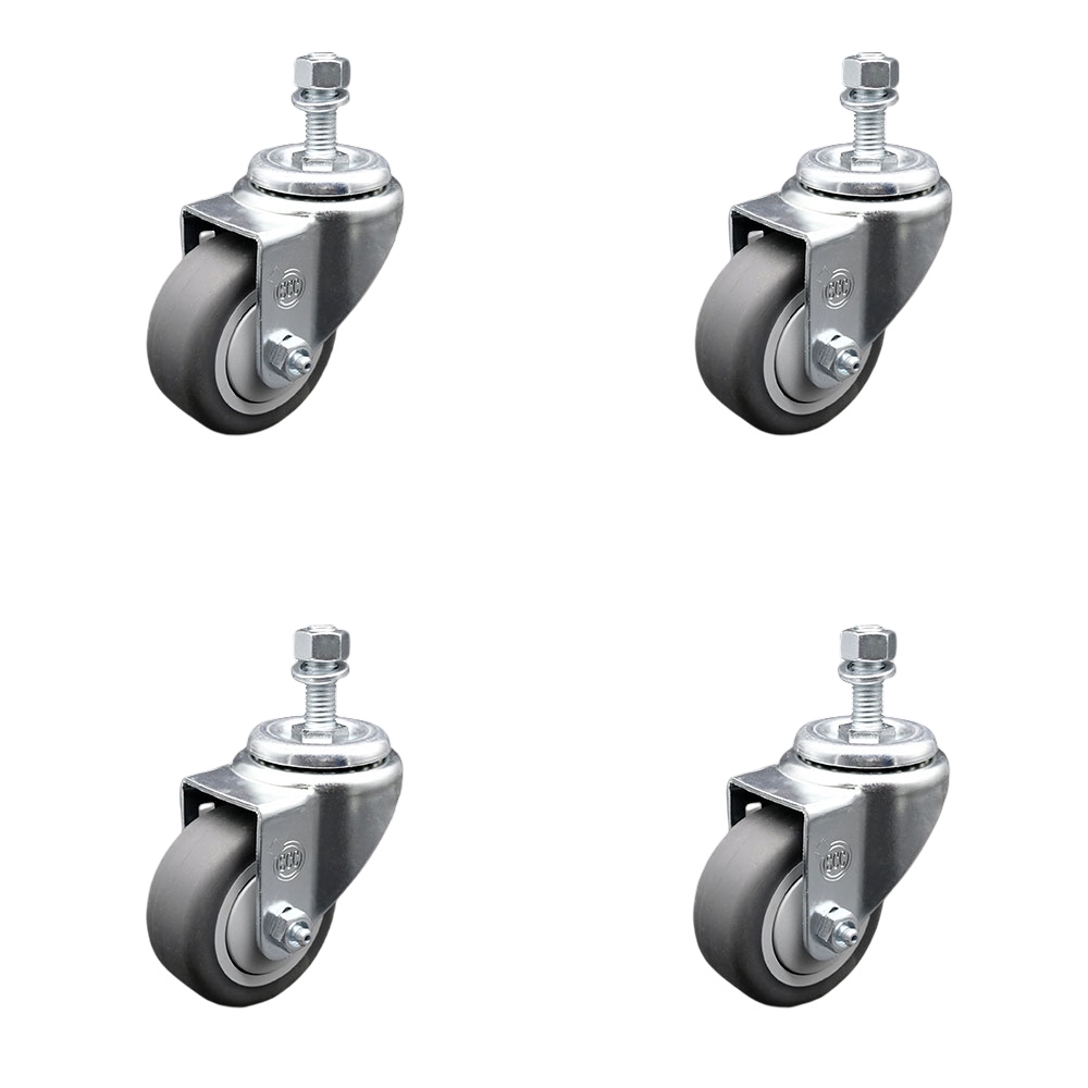 Thermoplastic Rubber Swivel Threaded Stem Caster Set of 4 - 3" x 1.25" Gray Wheels and 1/2" Stems - Includes 2 with Top Locking Brake - 840 lbs Total Capacity - Service Caster Brand — photo 1