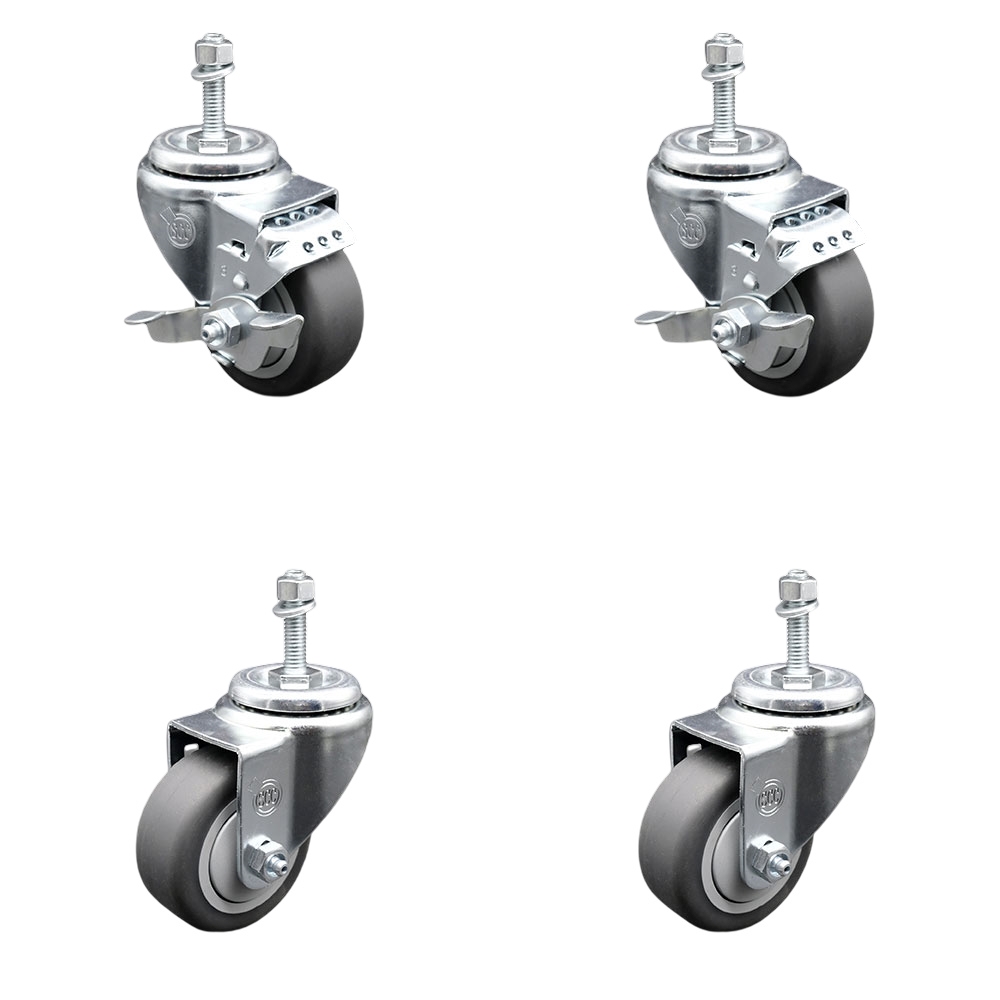 Thermoplastic Rubber Swivel Threaded Stem Caster Set of 4 - 3" x 1.25" Gray Wheels and 3/8" Stems - Includes 2 with Top Locking Brake - 840 lbs Total Capacity - Service Caster Brand — photo 1