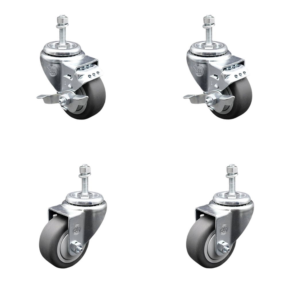 Thermoplastic Rubber Swivel Threaded Stem Caster Set of 4 - 3" x 1.25" Gray Wheels and 10MM Metric Stems - Includes 2 with Top Locking Brake - 840 lbs Total Capacity - Service Caster Brand — photo 1