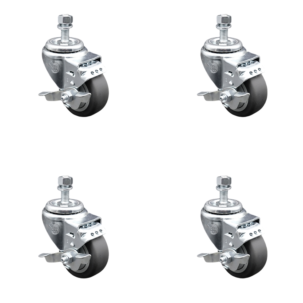 Thermoplastic Rubber Swivel Threaded Stem Caster Set of 4 w/3" x 1.25" Gray Wheels and 12mm Stems - Includes 4 with Top Lock Brakes - 840 lbs Total Capacity - Service Caster Brand — photo 1