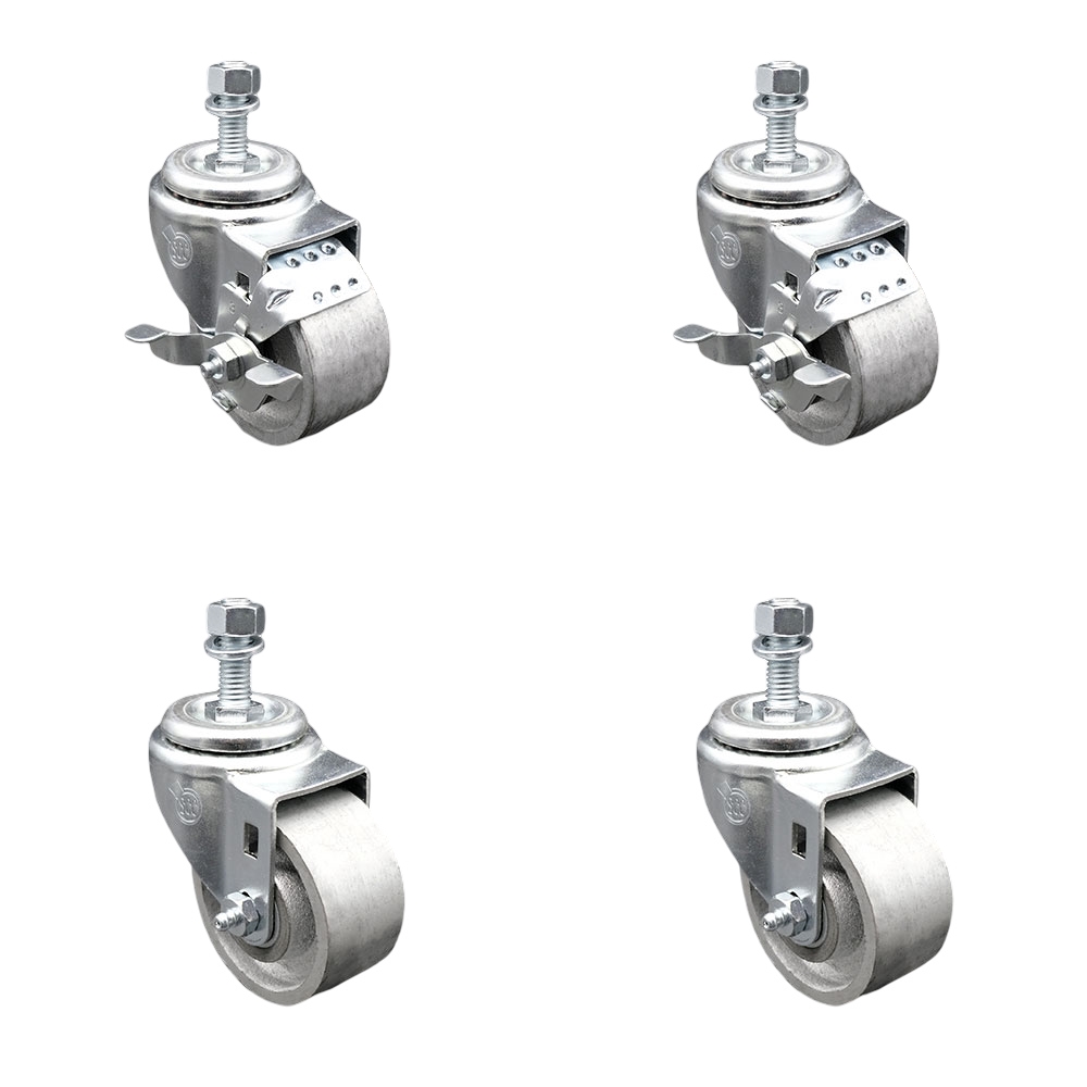 Semi Steel Cast Iron Swivel Threaded Stem Caster Set of 4 w/Roller Bearing - 3" x 1.5" Silver Wheels and 1/2" Stems - Includes 2 with Top Locking Brake - 1200 lbs Total Capacity - Service Caster Brand — photo 1
