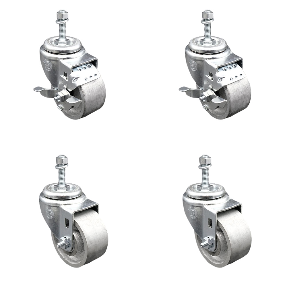 Semi Steel Cast Iron Swivel Threaded Stem Caster Set of 4 w/Roller Bearing - 3" x 1.5" Silver Wheels and 3/8" Stems - Includes 2 with Top Locking Brake - 1200 lbs Total Capacity - Service Caster Brand — photo 1