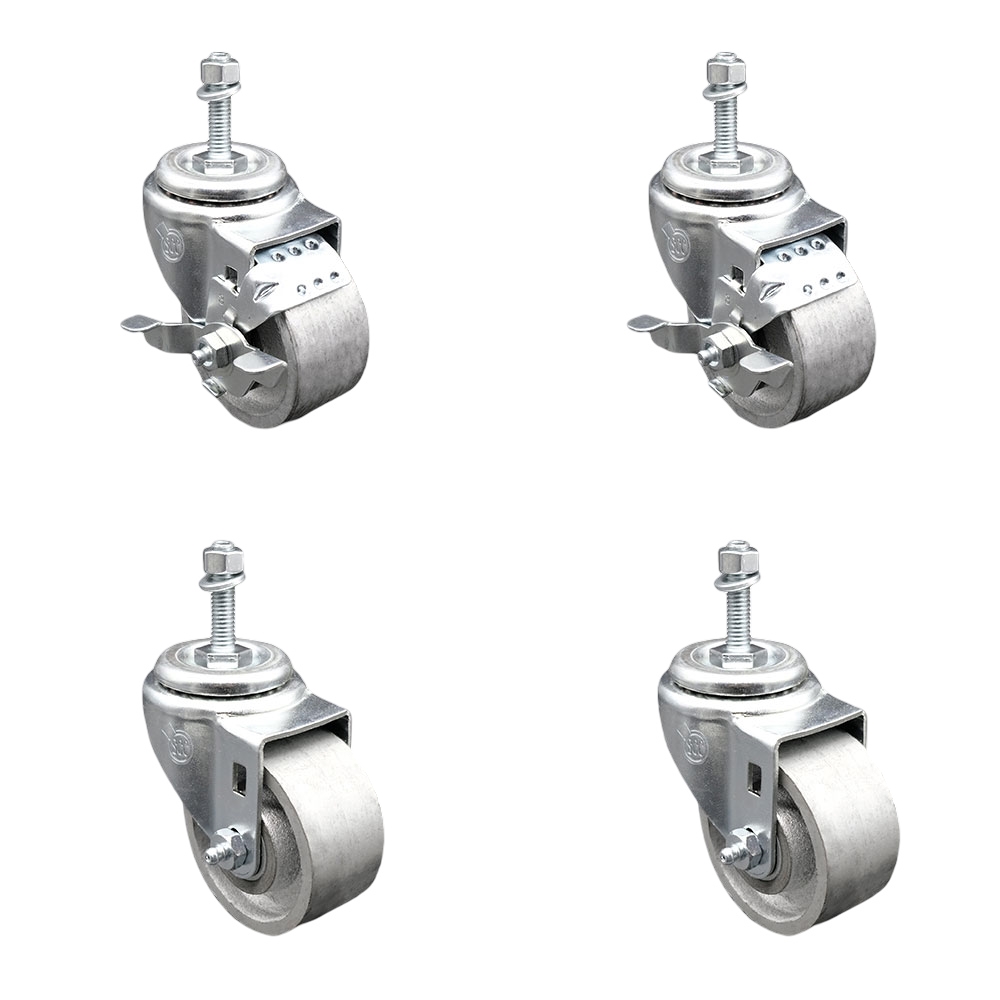 Semi Steel Cast Iron Swivel Threaded Stem Caster Set 4 w/Roller Bearing - 3" x 1.5" Silver Wheels & 10MM Metric Stems - Includes 2 with Top Locking Brake - 1200 lbs Total Capacity-Service Caster Brand — photo 1