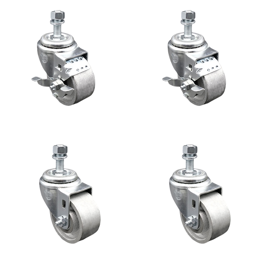 Semi Steel Cast Iron Swivel Threaded Stem Caster Set 4 w/Roller Bearing - 3" x 1.5" Silver Wheels & 12MM Metric Stems - Includes 2 with Top Locking Brake - 1200 lbs Total Capacity-Service Caster Brand — photo 1