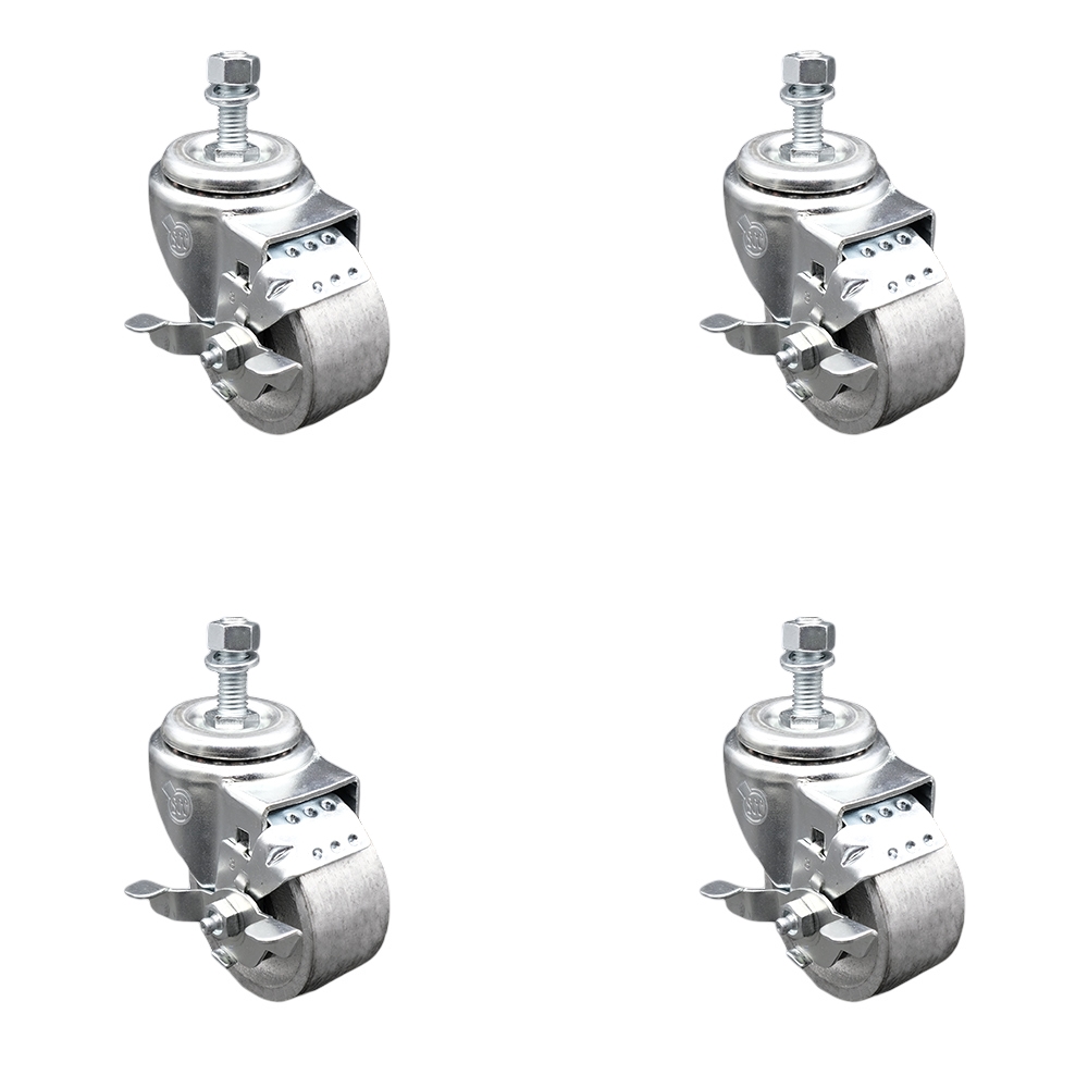 Semi Steel Cast Iron Swivel Threaded Stem Caster w/Roller Bearing Set of 4 w/3" x 1.5" Silver Wheels and 3/8" Stems - Includes 4 with Top Lock Brakes - 1200 lbs Total Capacity - Service Caster Brand — photo 1