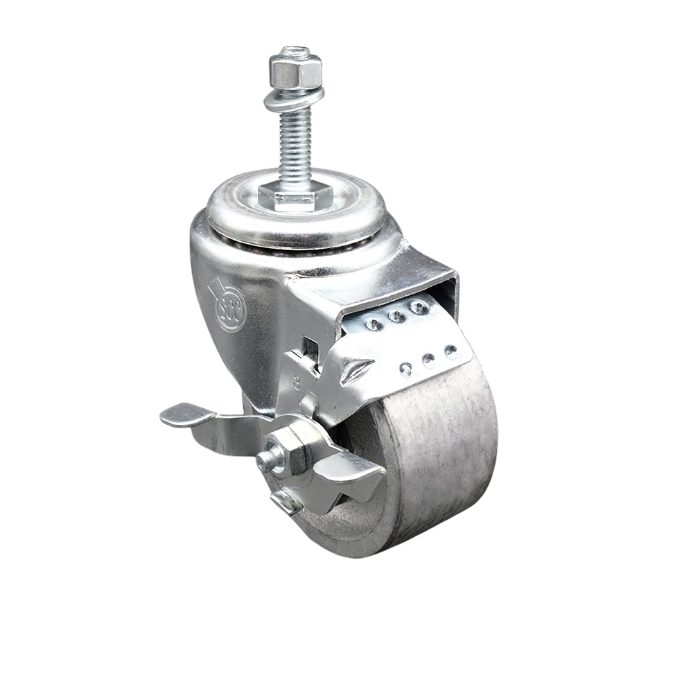 Semi Steel Cast Iron Swivel Threaded Stem Caster w/Roller Bearing - 3" x 1.5" Silver Wheel and 3/8" Stem & Top Locking Brake - 300 lbs Capacity/Caster - Service Caster Brand — photo 1