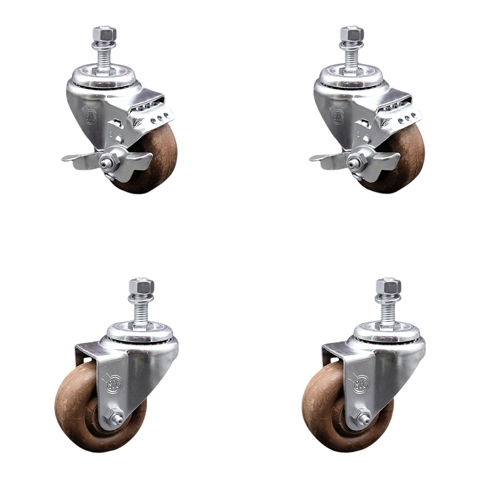 High Temp Glass Filled Nylon Swivel Threaded Stem Caster Set of 4 w/3.5" x 1.25" Brown Wheels and 1/2" Stems - Includes 2 with Top Locking Brake - 1400 lbs Total Capacity - Service Caster Brand — photo 1
