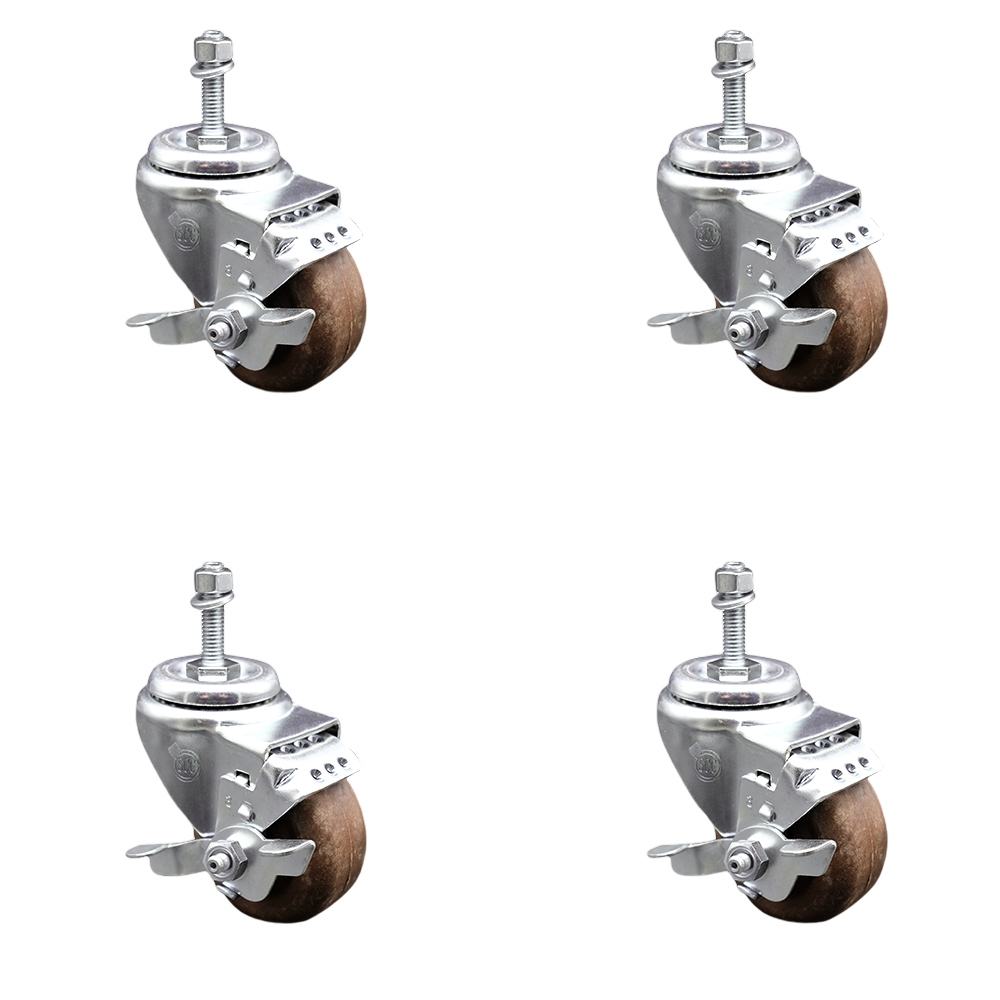 High Temp Glass Filled Nylon Swivel Threaded Stem Caster Set of 4 w/3.5" x 1.25" Brown Wheels and 3/8" Stems - Includes 4 with Top Lock Brakes - 1400 lbs Total Capacity - Service Caster Brand — photo 1
