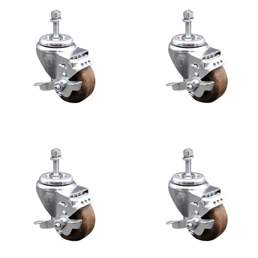 High Temp Glass Filled Nylon Swivel Threaded Stem Caster Set of 4 w/3.5" x 1.25" Brown Wheels and 10mm Stems - Includes 4 with Top Lock Brakes - 1400 lbs Total Capacity - Service Caster Brand — photo 1