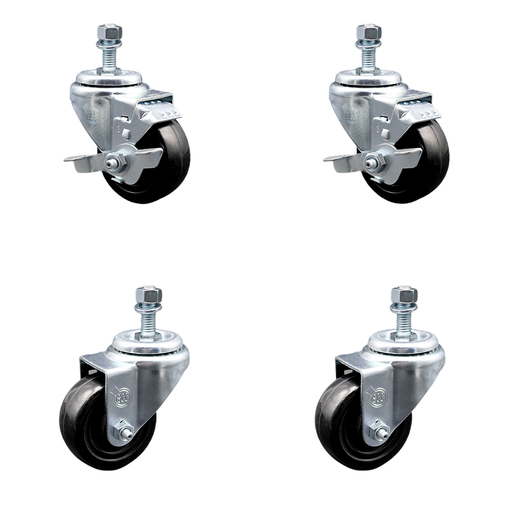 Hard Rubber Swivel Threaded Stem Caster Set of 4 w/3.5" x 1.25" Black Wheels and 1/2" Stems - Includes 2 with Top Locking Brake - 1100 lbs Total Capacity - Service Caster Brand — photo 1