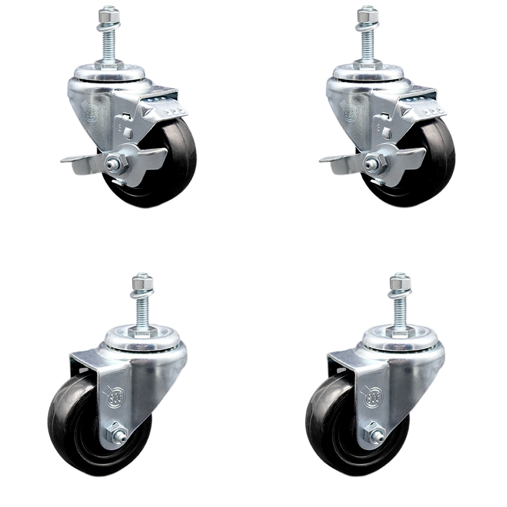 Hard Rubber Swivel Threaded Stem Caster Set of 4 w/3.5" x 1.25" Black Wheels and 3/8" Stems - Includes 2 with Top Locking Brake - 1100 lbs Total Capacity - Service Caster Brand — photo 1