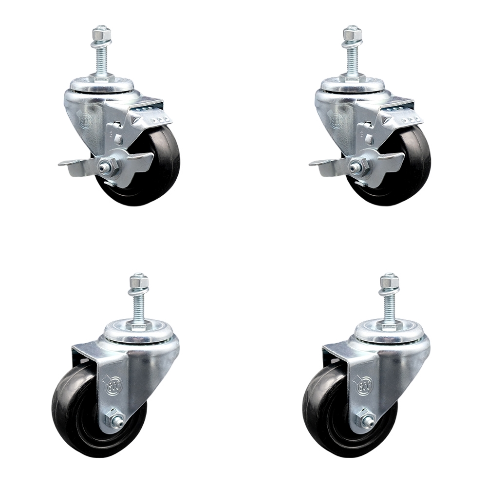 Hard Rubber Swivel Threaded Stem Caster Set of 4 w/3.5" x 1.25" Black Wheels and 10MM Metric Stems - Includes 2 with Top Locking Brake - 1100 lbs Total Capacity - Service Caster Brand — photo 1