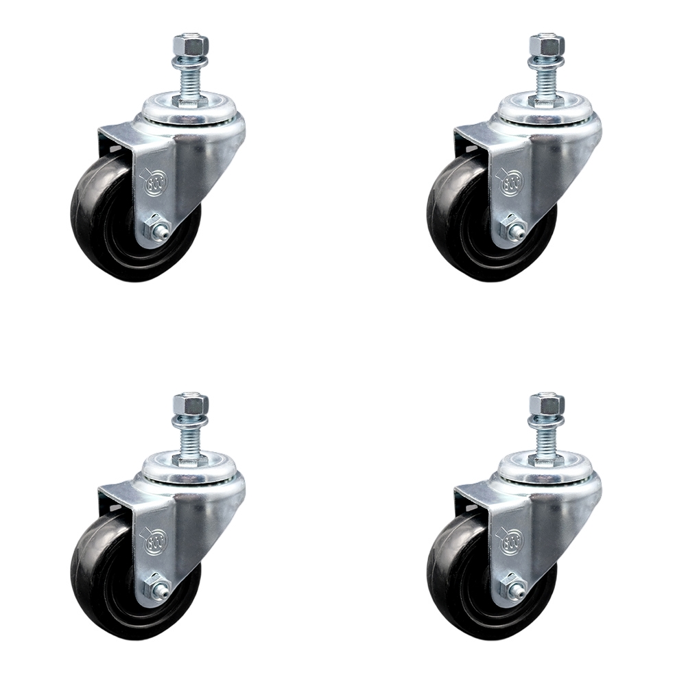 Hard Rubber Swivel Threaded Stem Caster Set of 4 w/3.5" x 1.25" Black Wheels and 10mm Stems - Includes 4 Swivel - 1140 lbs Total Capacity - Service Caster Brand — photo 1