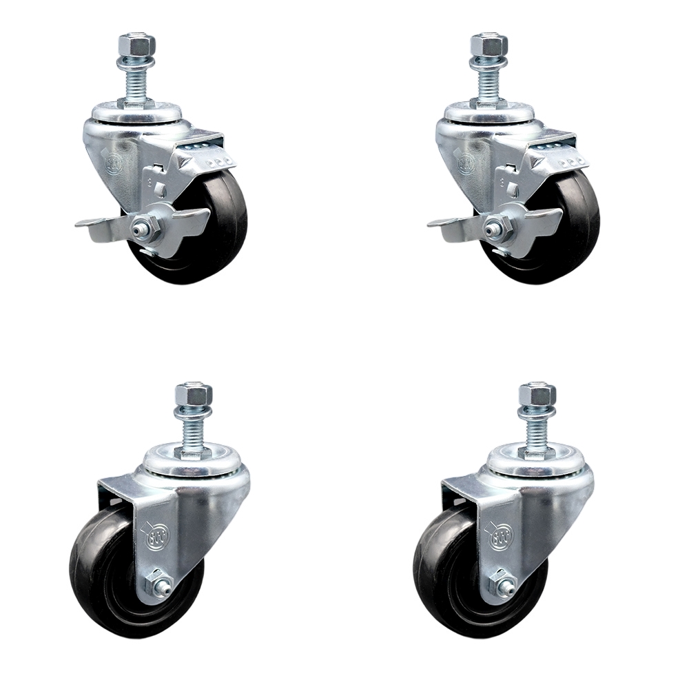 Hard Rubber Swivel Threaded Stem Caster Set of 4 w/3.5" x 1.25" Black Wheels and 12MM Metric Stems - Includes 2 with Top Locking Brake - 1100 lbs Total Capacity - Service Caster Brand — photo 1