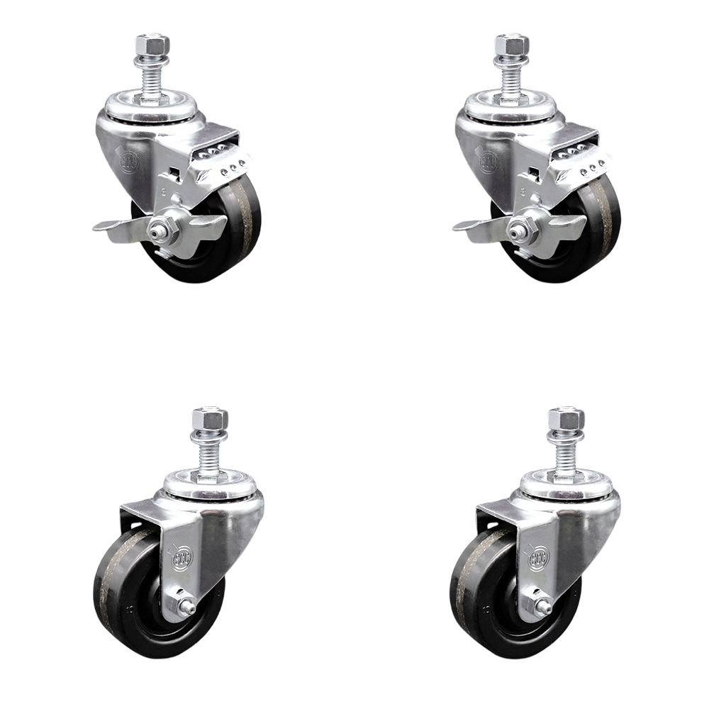 Phenolic Swivel Threaded Stem Caster Set of 4 w/Roller Bearing - 3.5" x 1.25" Black Wheels and 1/2" Stems - Includes 2 with Top Locking Brake - 1200 lbs Total Capacity - Service Caster Brand — photo 1