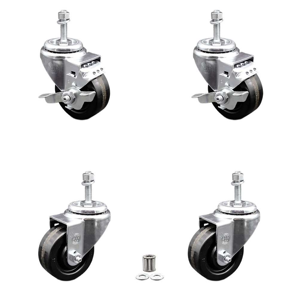 Phenolic Swivel Threaded Stem Caster Set of 4 w/Roller Bearing - 3.5" x 1.25" Black Wheels and 3/8" Stems - Includes 2 with Top Locking Brake - 1200 lbs Total Capacity - Service Caster Brand — photo 1