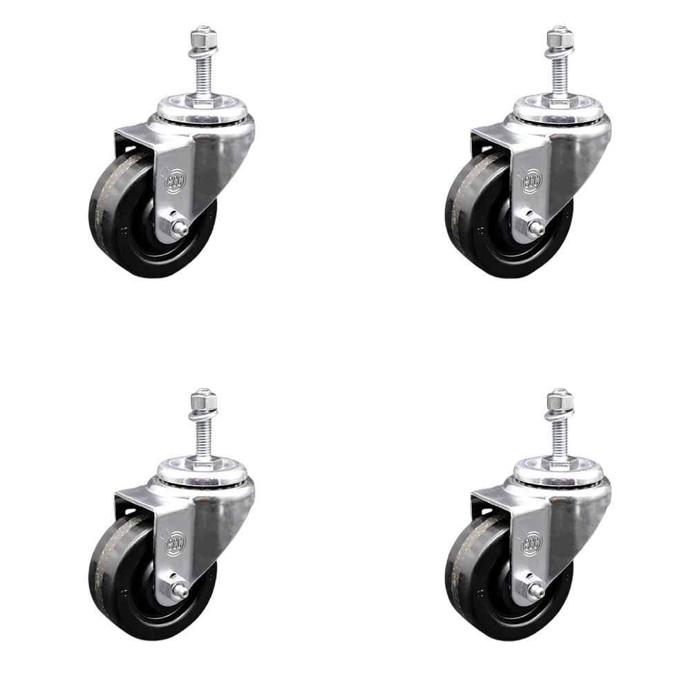 Phenolic Swivel Threaded Stem Caster w/Roller Bearing Set of 4 w/3.5" x 1.25" Black Wheels and 3/8" Stems - Includes 4 Swivel - 1200 lbs Total Capacity - Service Caster Brand — photo 1