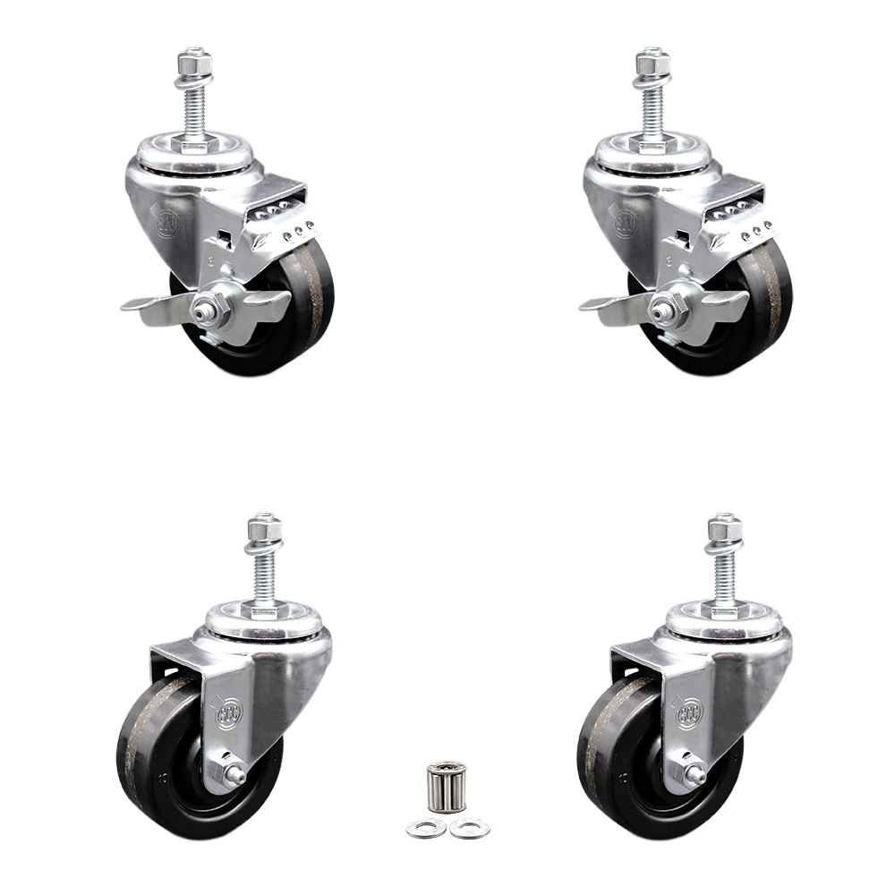 Phenolic Swivel Threaded Stem Caster Set of 4 w/Roller Bearing - 3.5" x 1.25" Black Wheels and 10MM Metric Stems - Includes 2 with Top Locking Brake - 1200 lbs Total Capacity - Service Caster Brand — photo 1