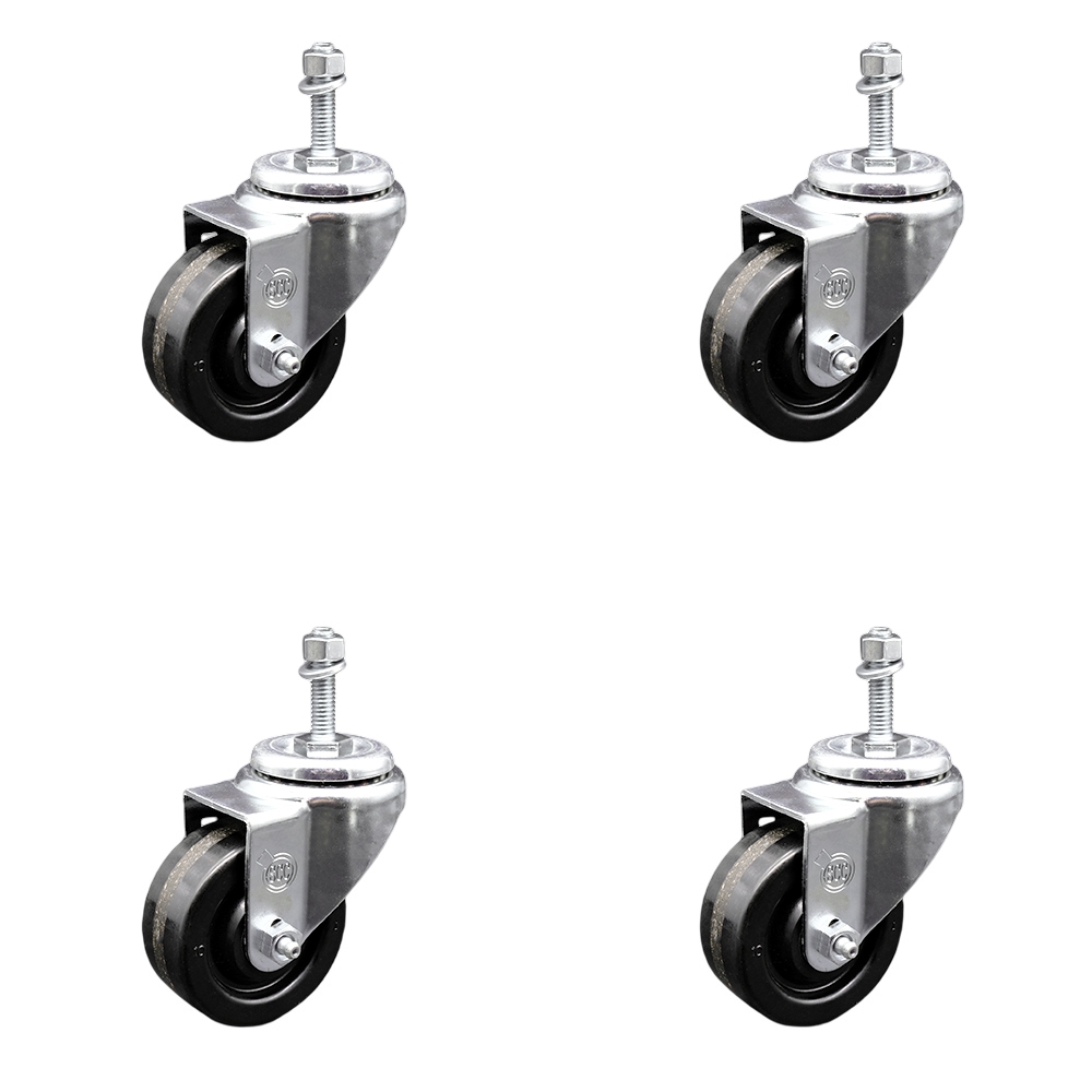 Phenolic Swivel Threaded Stem Caster w/Roller Bearing Set of 4 w/3.5" x 1.25" Black Wheels and 10mm Stems - Includes 4 Swivel - 1200 lbs Total Capacity - Service Caster Brand — photo 1
