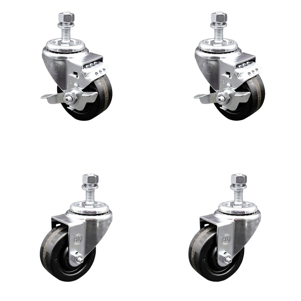 Phenolic Swivel Threaded Stem Caster Set of 4 w/Roller Bearing - 3.5" x 1.25" Black Wheels and 12MM Metric Stems - Includes 2 with Top Locking Brake - 1200 lbs Total Capacity - Service Caster Brand — photo 1