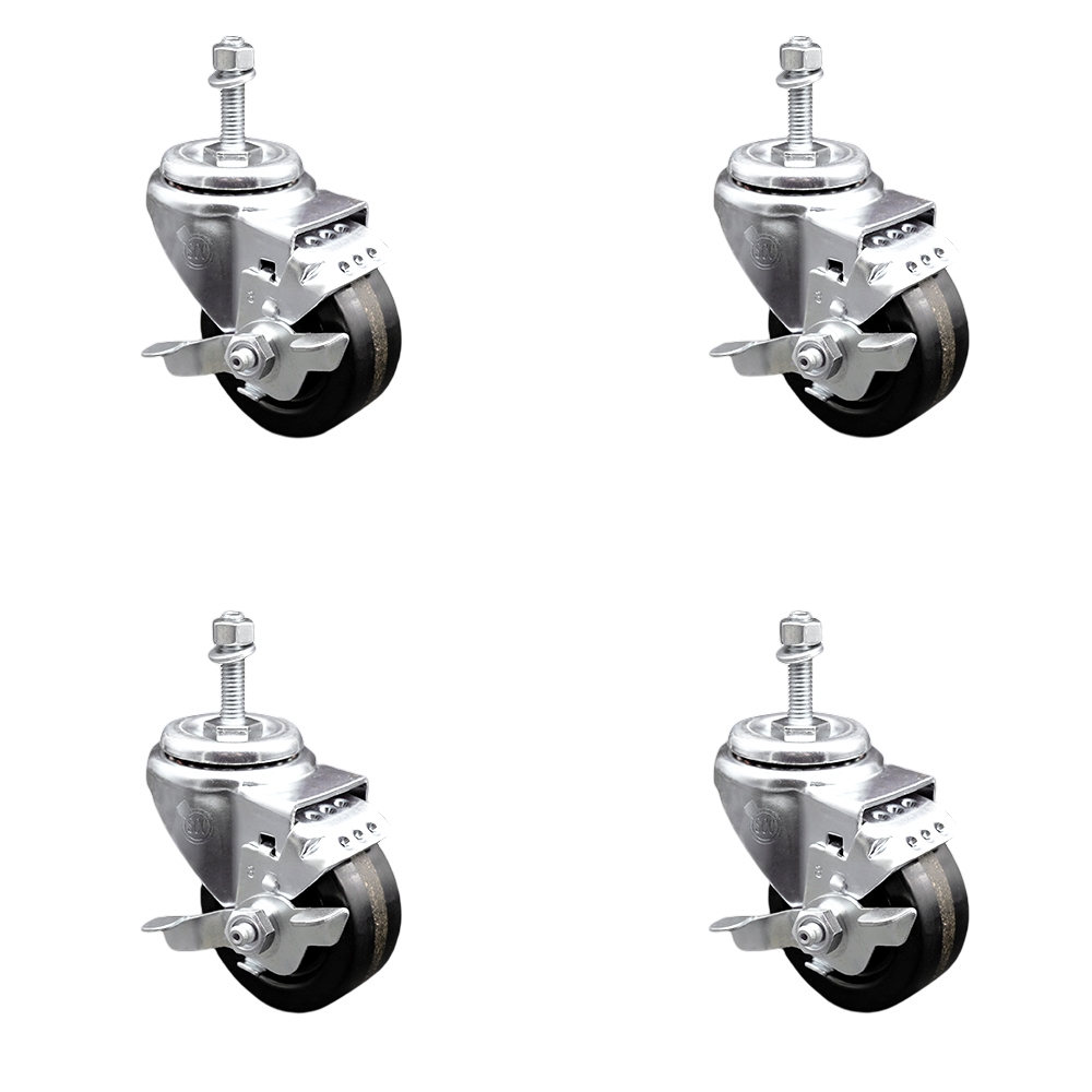 Phenolic Swivel Threaded Stem Caster w/Roller Bearing Set of 4 w/3.5" x 1.25" Black Wheels and 3/8" Stems - Includes 4 with Top Lock Brakes - 1200 lbs Total Capacity - Service Caster Brand — photo 1