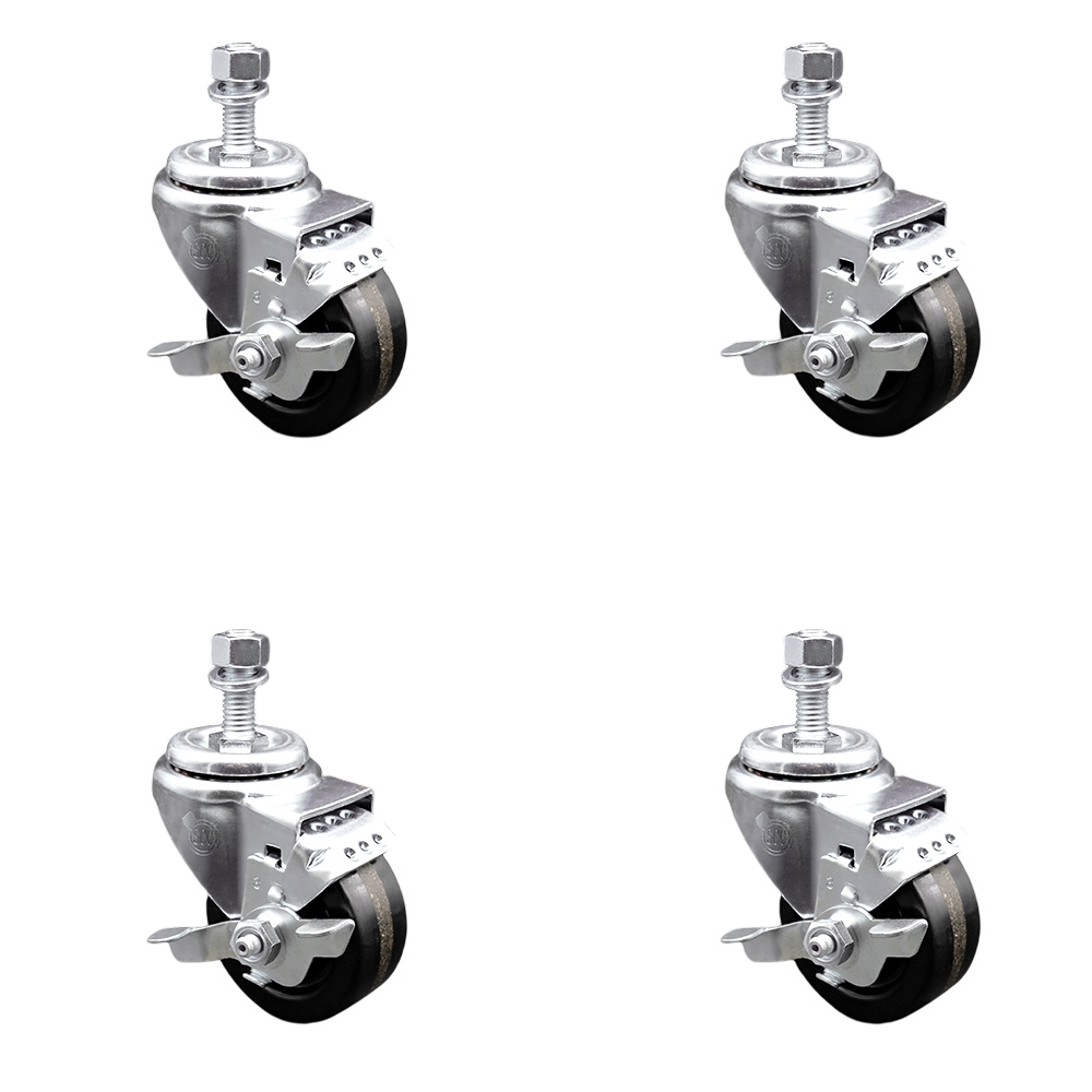 Phenolic Swivel Threaded Stem Caster w/Roller Bearing Set of 4 w/3.5" x 1.25" Black Wheels and 12mm Stems - Includes 4 with Top Lock Brakes - 1200 lbs Total Capacity - Service Caster Brand — photo 1