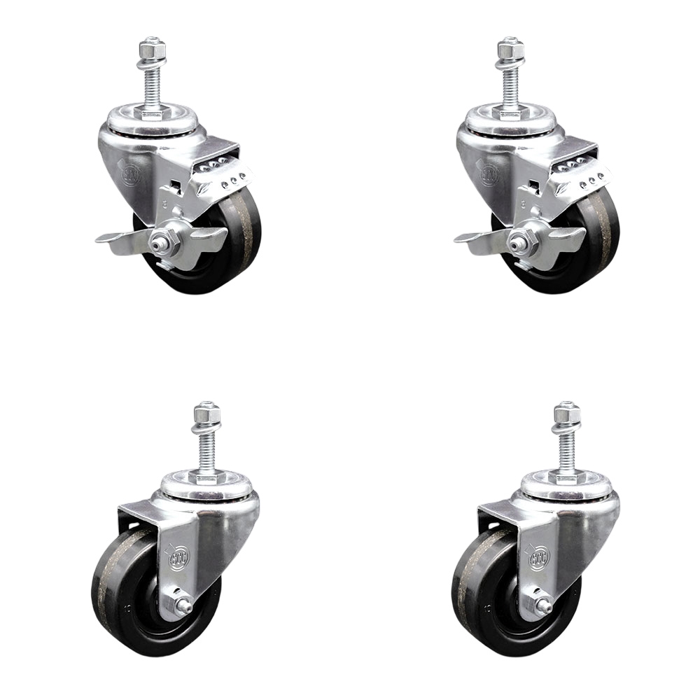 Phenolic Swivel Threaded Stem Caster Set of 4 w/3.5" x 1.25" Black Wheels and 10MM Metric Stems - Includes 2 with Top Locking Brake - 1200 lbs Total Capacity - Service Caster Brand — photo 1