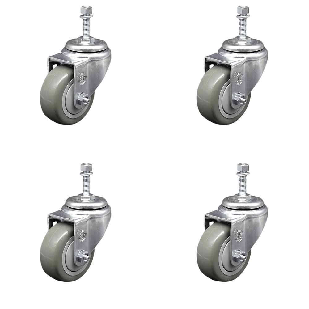 Polyurethane Swivel Threaded Stem Caster Set of 4 w/3.5" x 1.25" Gray Wheels and 3/8" Stems - Includes 4 Swivel - 1200 lbs Total Capacity - Service Caster Brand — photo 1