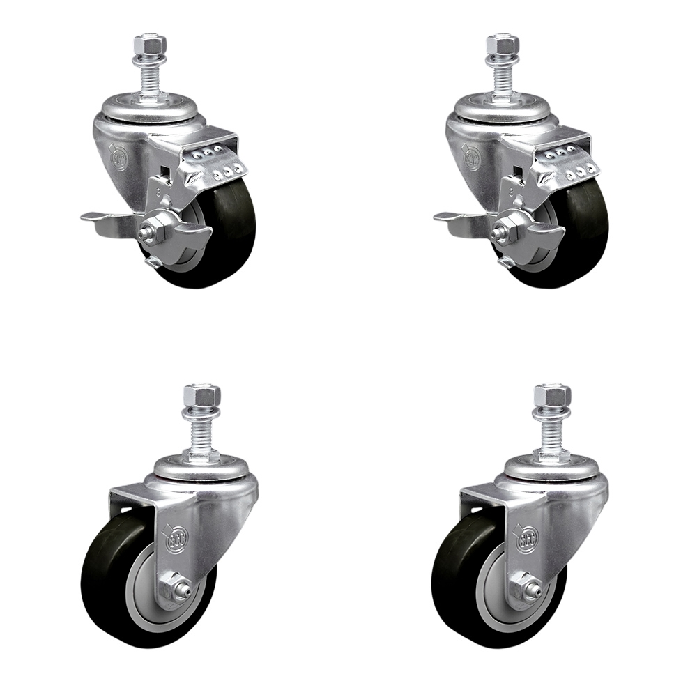 Polyurethane Swivel Threaded Stem Caster Set of 4 w/3.5" x 1.25" Black Wheels and 1/2" Stems - Includes 2 with Top Locking Brake - 1200 lbs Total Capacity - Service Caster Brand — photo 1