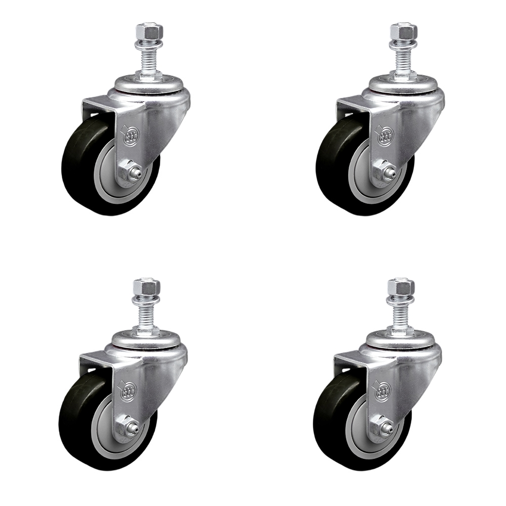 Polyurethane Swivel Threaded Stem Caster Set of 4 w/3.5" x 1.25" Black Wheels and 1/2" Stems - Includes 4 Swivel - 1200 lbs Total Capacity - Service Caster Brand — photo 1