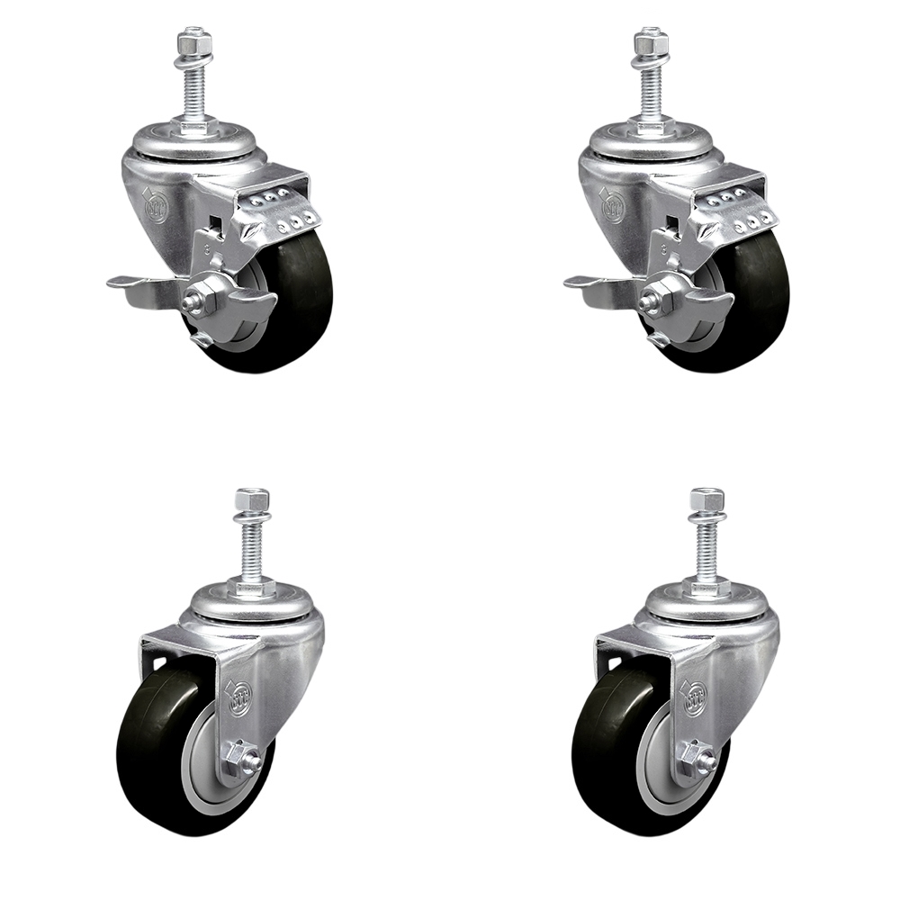 Polyurethane Swivel Threaded Stem Caster Set of 4 w/3.5" x 1.25" Black Wheels and 3/8" Stems - Includes 2 with Top Locking Brake - 1200 lbs Total Capacity - Service Caster Brand — photo 1