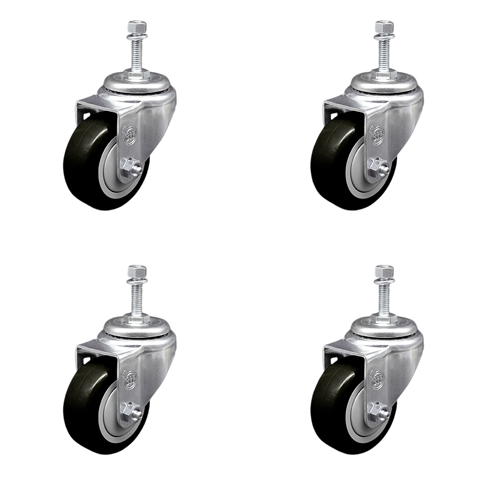 Polyurethane Swivel Threaded Stem Caster Set of 4 w/3.5" x 1.25" Black Wheels and 3/8" Stems - Includes 4 Swivel - 1200 lbs Total Capacity - Service Caster Brand — photo 1